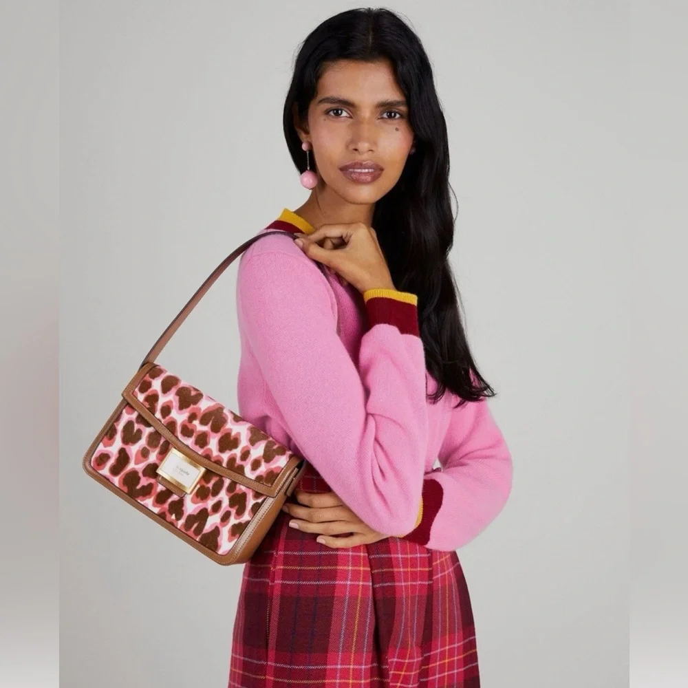 Kate Spade Katy Shoulder Pink Leopard Calf Hair Brown Leather K8969 Leopardo
